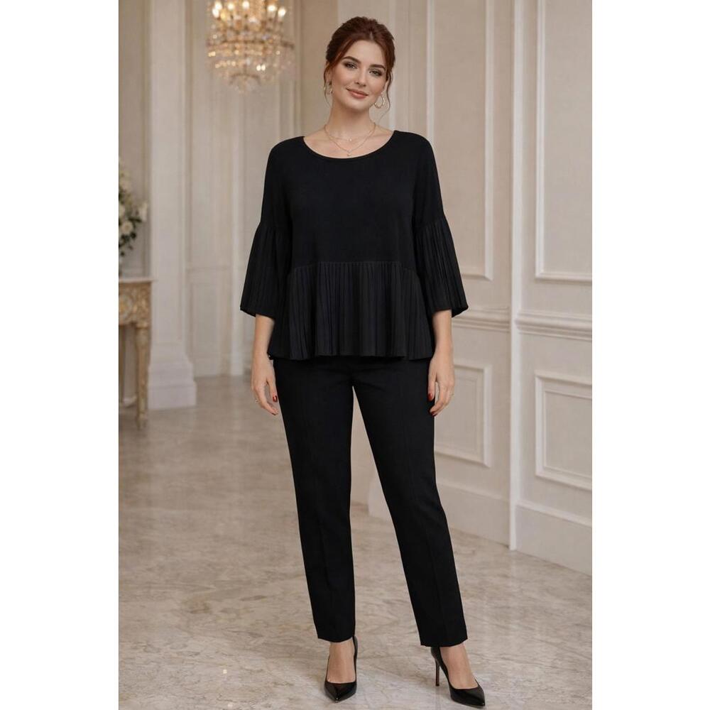 Cable & Gauge Women's Mixed Media Pleated Black Chiffon Pleat Hem/Sleeves, XL